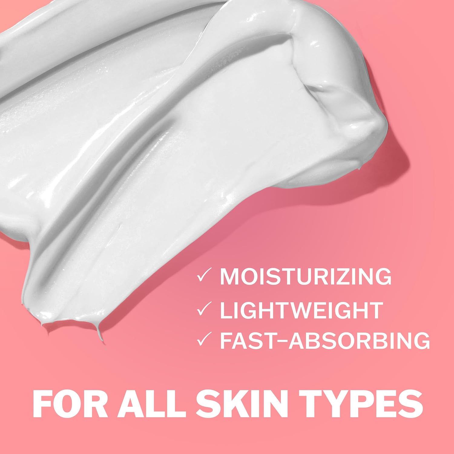 A smear of white Olay Nourishing & Hydrating Body Lotion with Hyaluronic Acid on a pink background highlights benefits—Moisturizing, Lightweight, Hydration, Fast-absorbing—with a bold claim: For All Skin Types. Brand: OLAY.