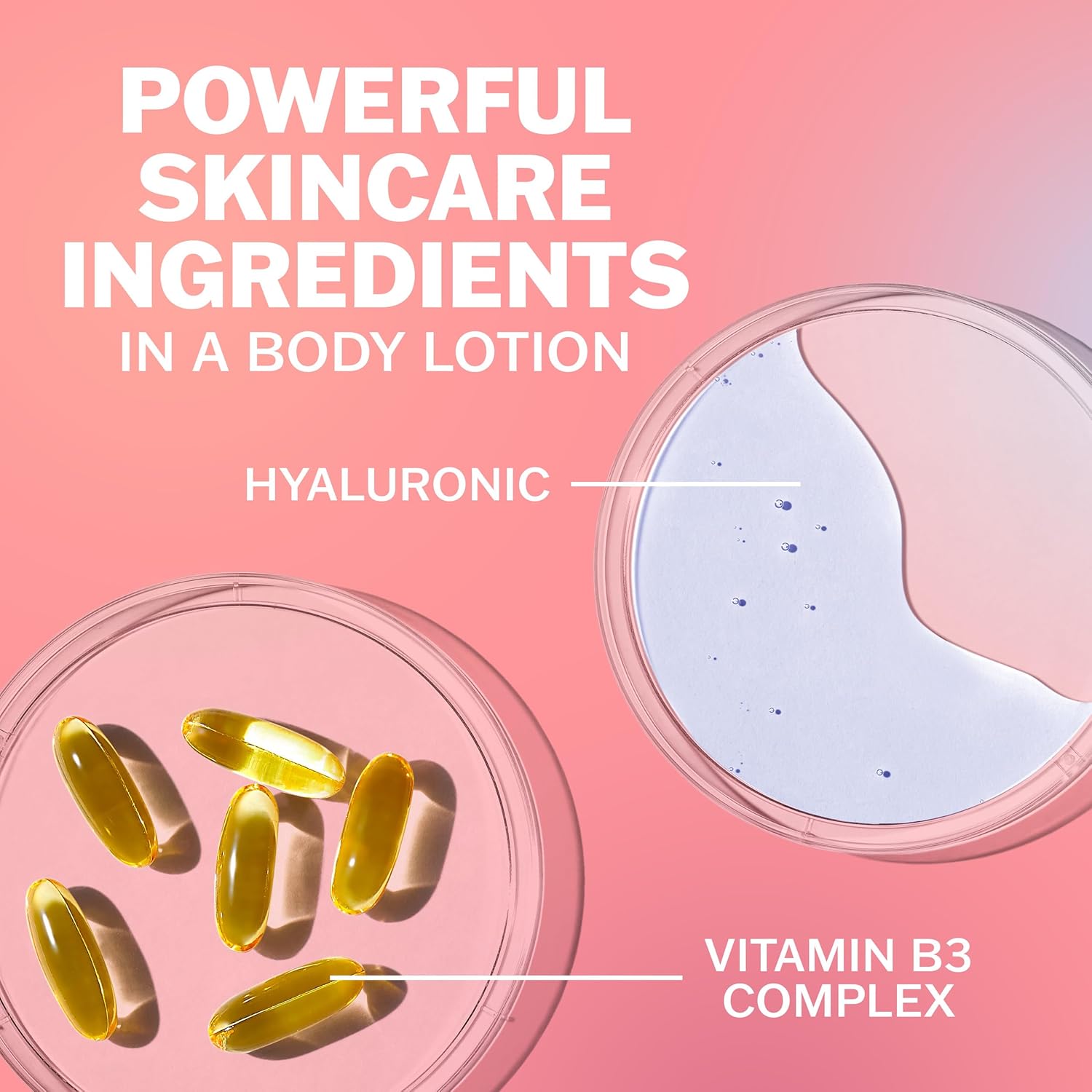 Flat lay of yellow capsules in a petri dish labeled Hyaluronic Acid and creams labeled Vitamin B3, with bold text: OLAY Nourishing & Hydrating Body Lotion with Hyaluronic Acid delivers powerful hydration and skincare on a pink background.