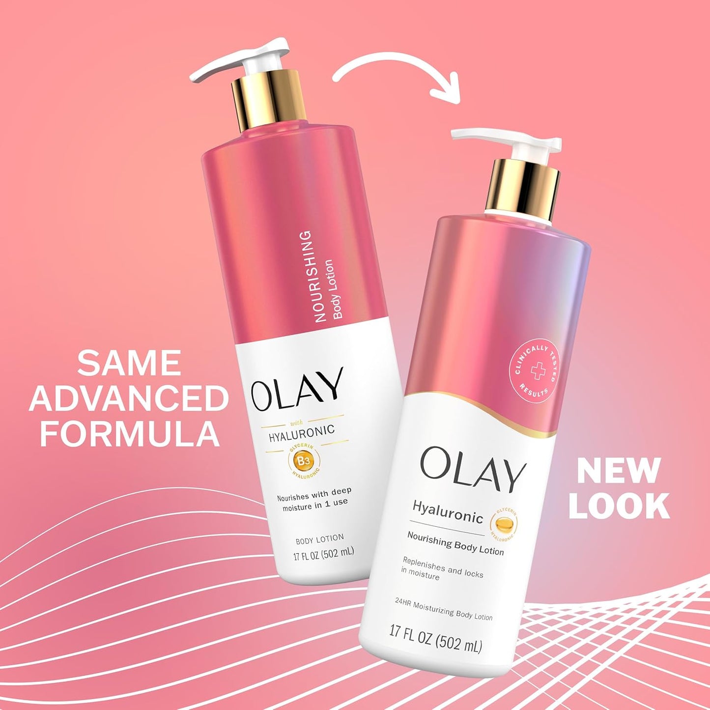 Two OLAY Nourishing & Hydrating Body Lotion with Hyaluronic Acid bottles—one old, one new—are shown on a pink wavy background. Text says “Same advanced formula” and “New look.”.