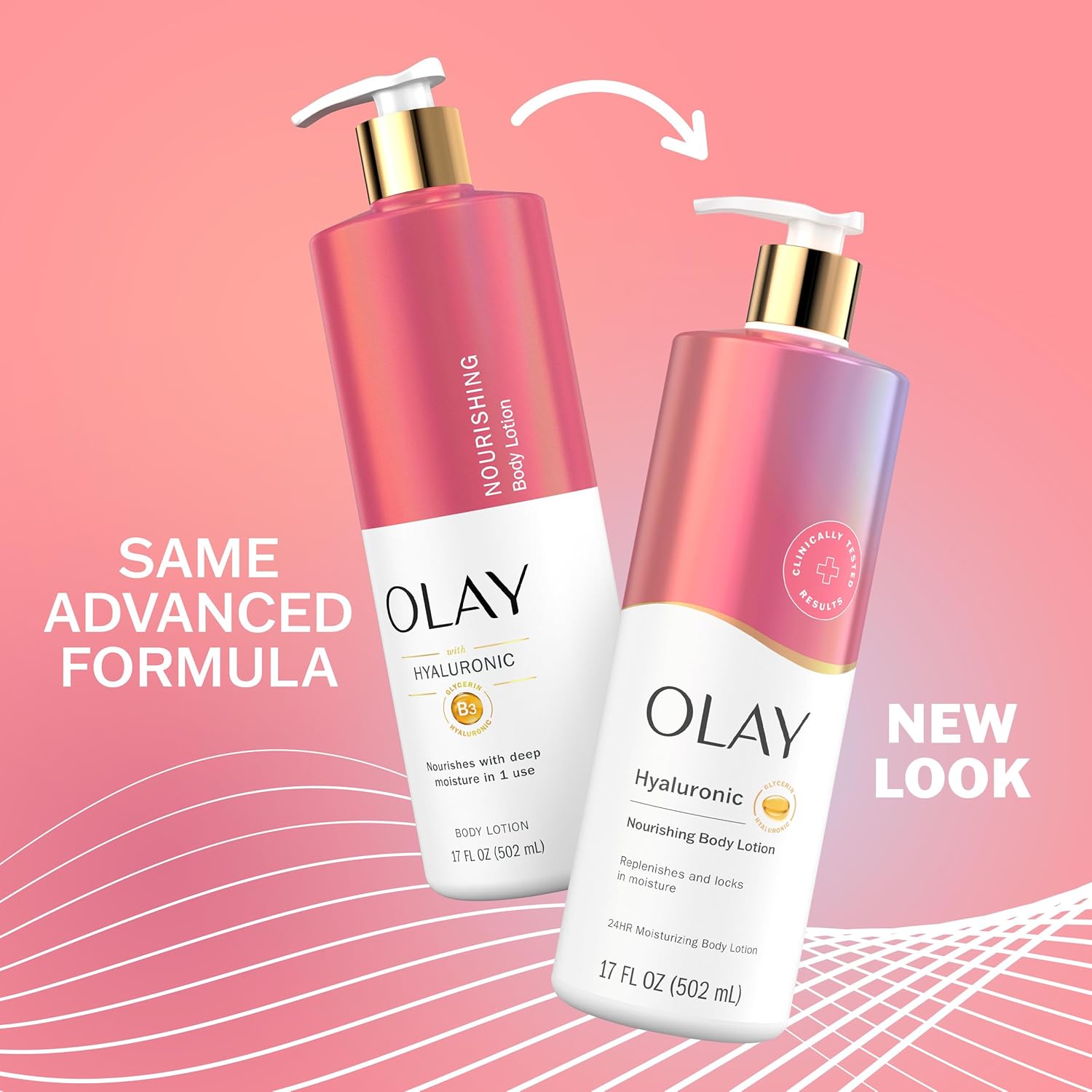 Two OLAY Nourishing & Hydrating Body Lotion with Hyaluronic Acid bottles—one old, one new—are shown on a pink wavy background. Text says “Same advanced formula” and “New look.”.