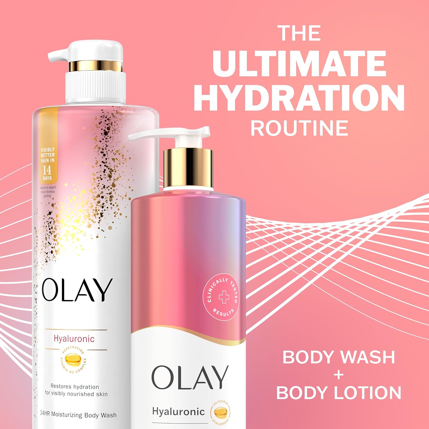 Two OLAY products—Nourishing & Hydrating Body Lotion with Hyaluronic Acid and a body wash—stand against a pink and white wavy background. Text reads: The Ultimate Hydration Routine and Body Wash + Body Lotion.