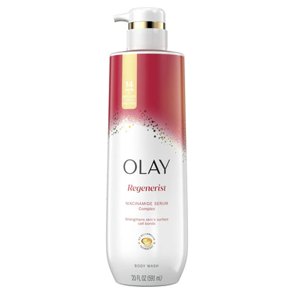 Olay Regenerist body wash bottle on a white background