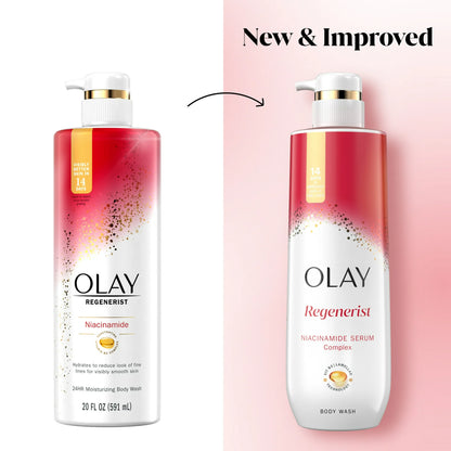 Olay Regenerist body wash bottles with 'New & Improved' text on a pink background