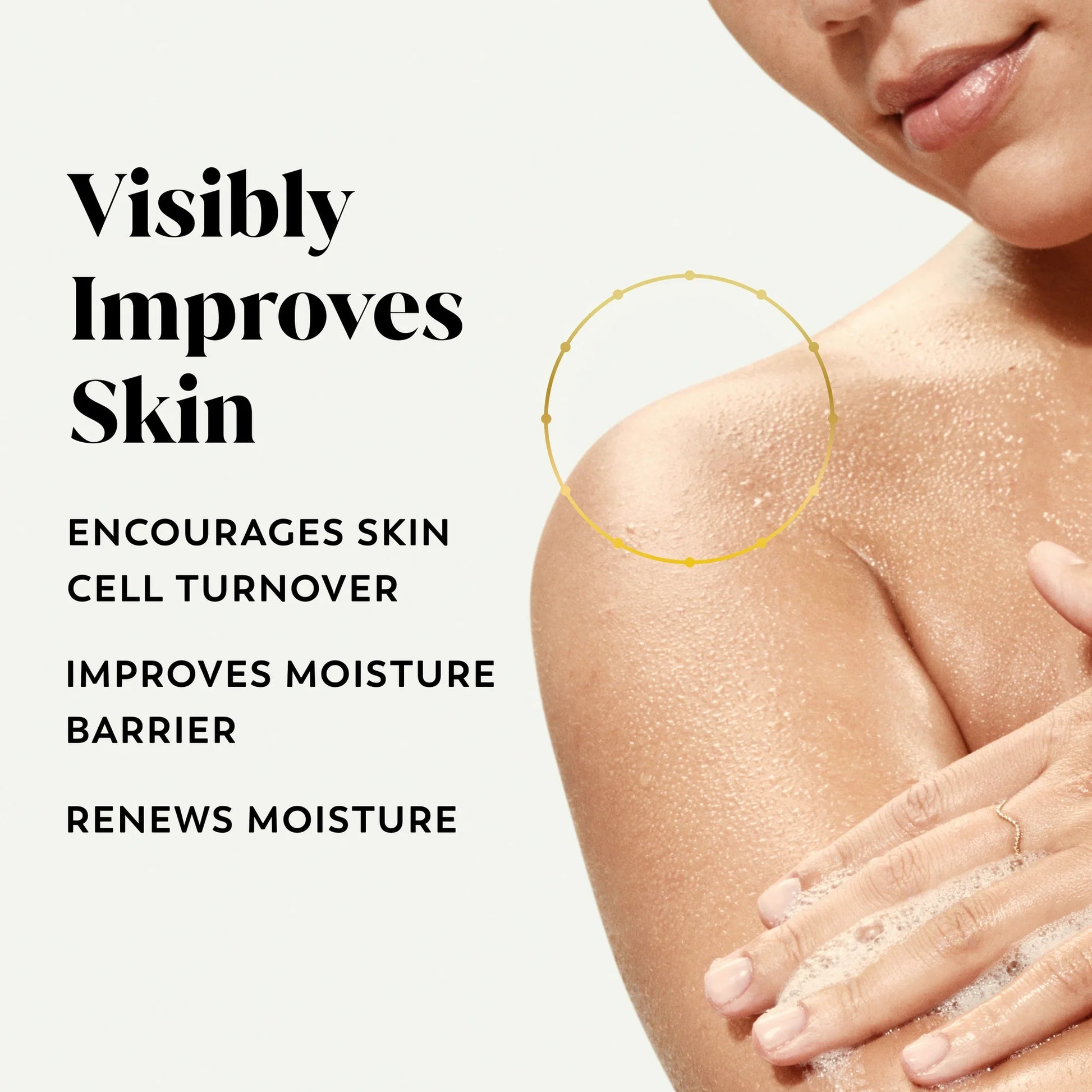 Advertisement for skin care product showing a person's shoulder with text highlighting benefits