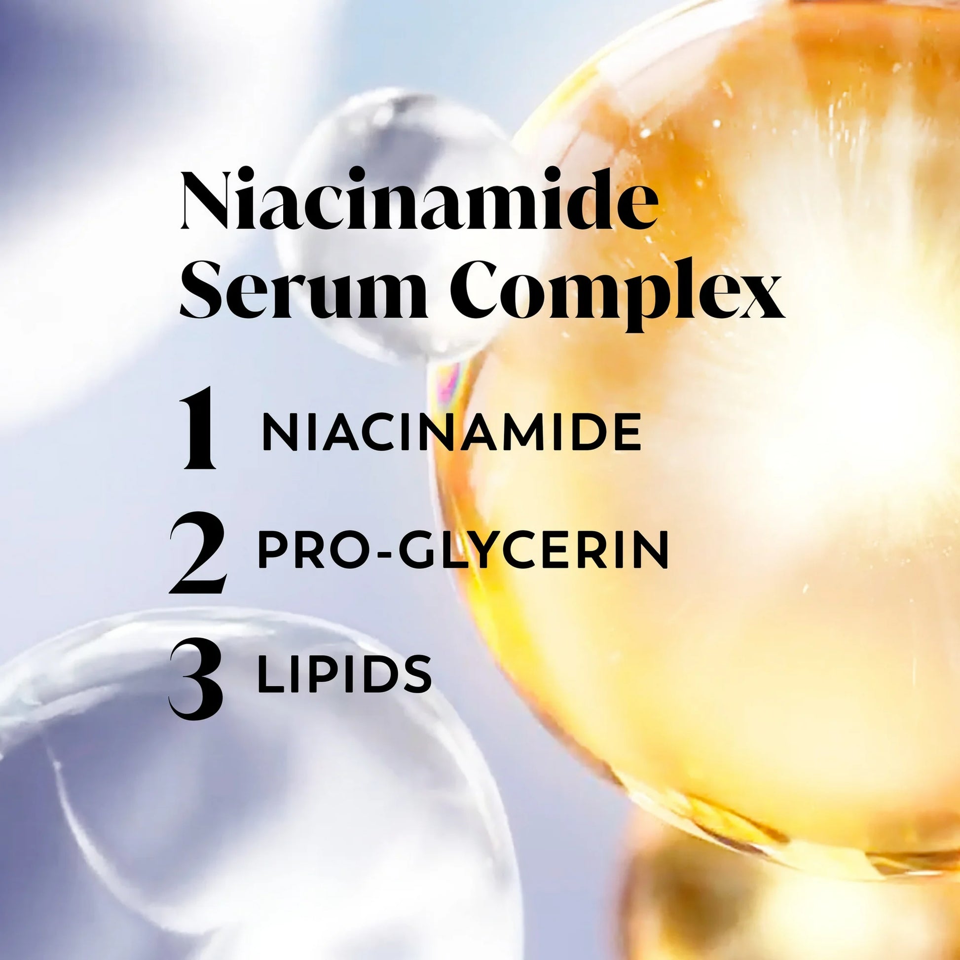 Niacinamide serum complex with droplets and text on a gradient background