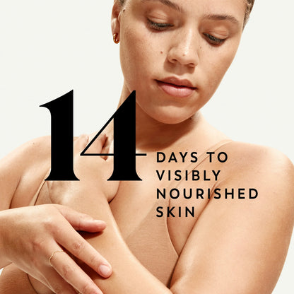 Woman with text '14 Days to Visibly Nourished Skin' on a light background