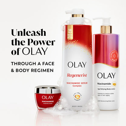 Olay skincare products including serum, body wash, and lotion on a white background