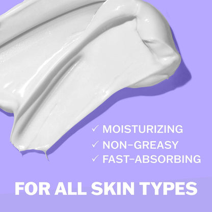 Close-up of white cream on a purple background with text: OLAY Retinol 24 Smoothing Body Lotion with Vitamin B3 Complex. Moisturizing, non-greasy, fast-absorbing, enriched with Vitamin B3. For all skin types.
