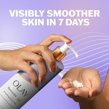 A person pumps OLAY Retinol 24 Smoothing Body Lotion with Vitamin B3 Complex onto their hand, as the text “Visibly smoother skin in 7 days” appears above on a purple background with white wavy lines.