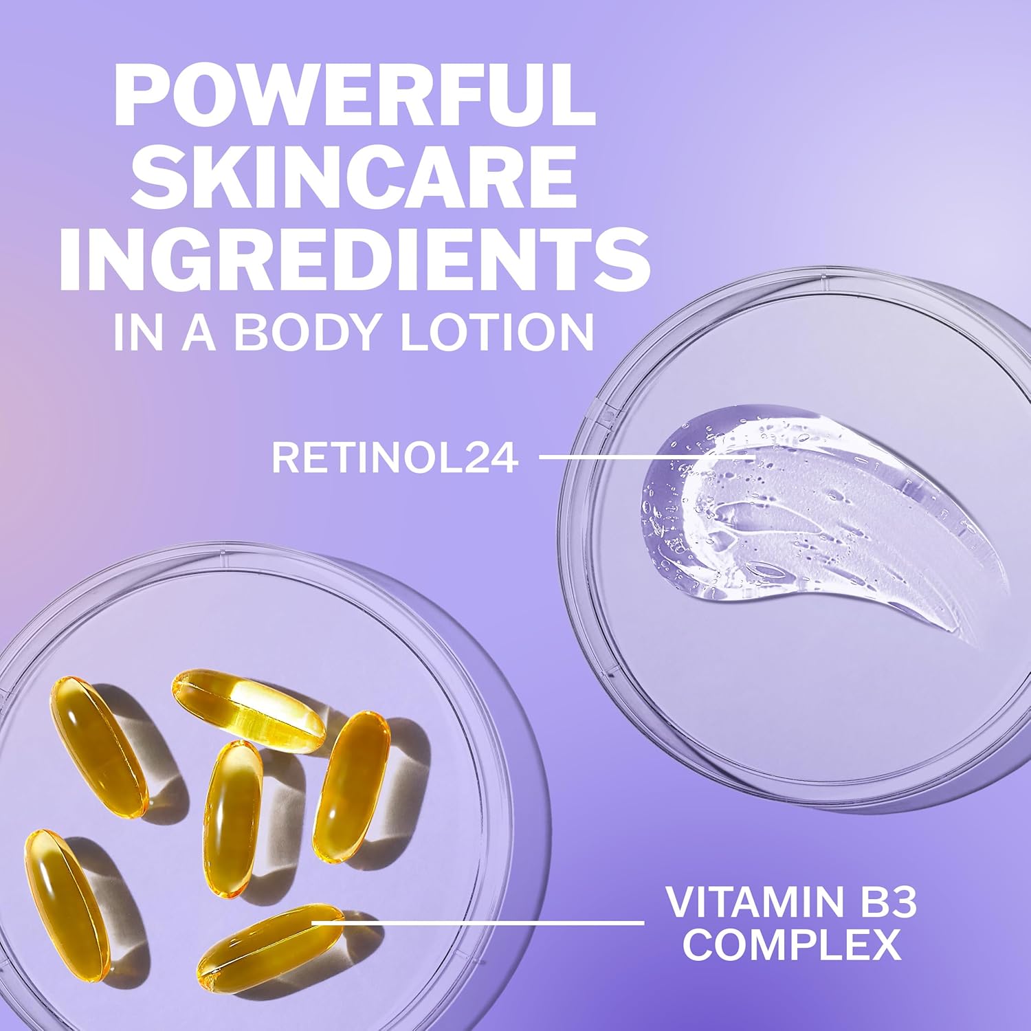 Overhead shot of two petri dishes: one with golden capsules labeled “Olay Retinol 24” and one with white cream labeled “Vitamin B3 Complex.” Text above reads, “Powerful skincare ingredients in OLAY’s body lotion.”.
