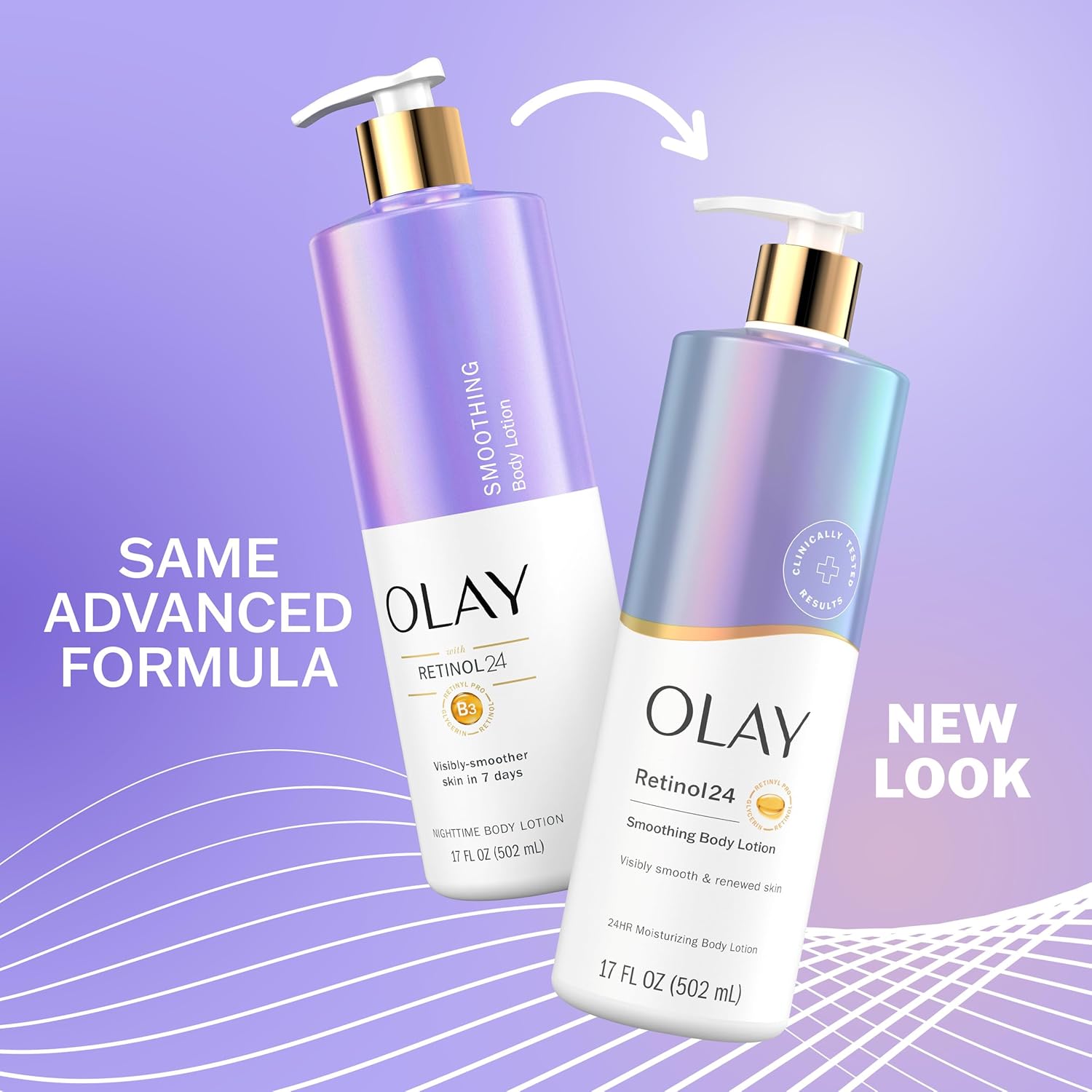 Two OLAY Retinol 24 Smoothing Body Lotion with Vitamin B3 Complex bottles—one old, one new—are on a purple background with the text: “SAME ADVANCED FORMULA” and “NEW LOOK.”.