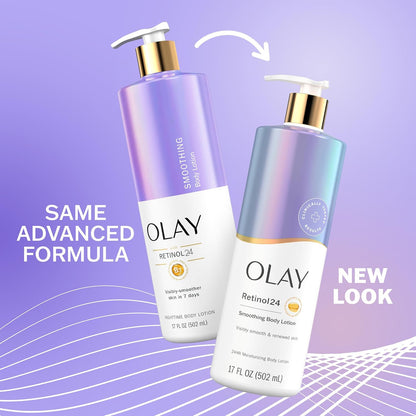 Two OLAY Retinol 24 Smoothing Body Lotion with Vitamin B3 Complex bottles—one old, one new—are on a purple background with the text: “SAME ADVANCED FORMULA” and “NEW LOOK.”.
