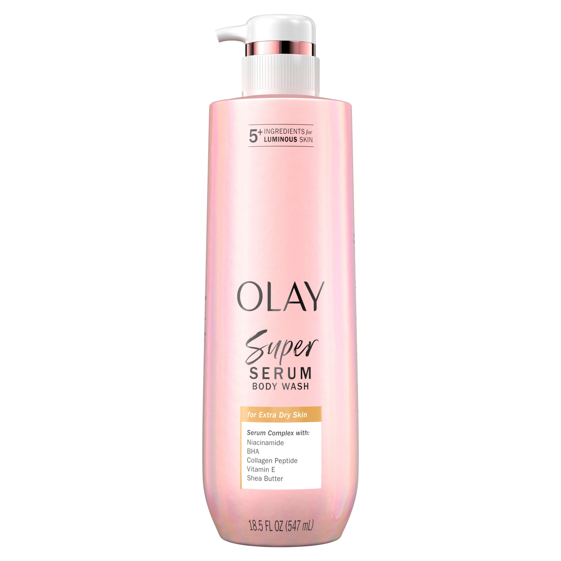 Olay Super Serum body wash bottle on a white background