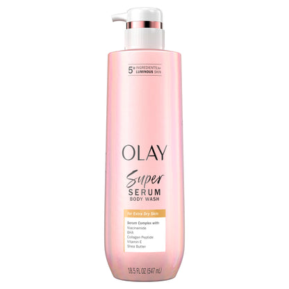 Olay Super Serum body wash bottle on a white background