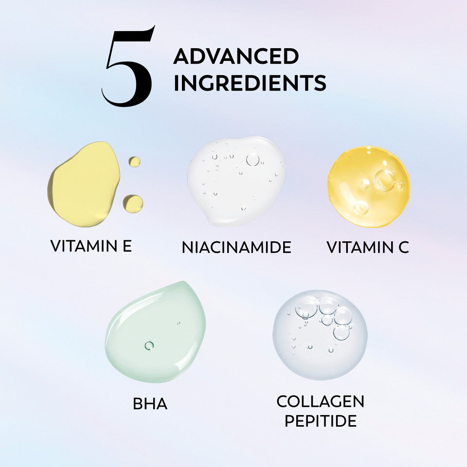 Five advanced ingredients with droplet illustrations on a gradient background