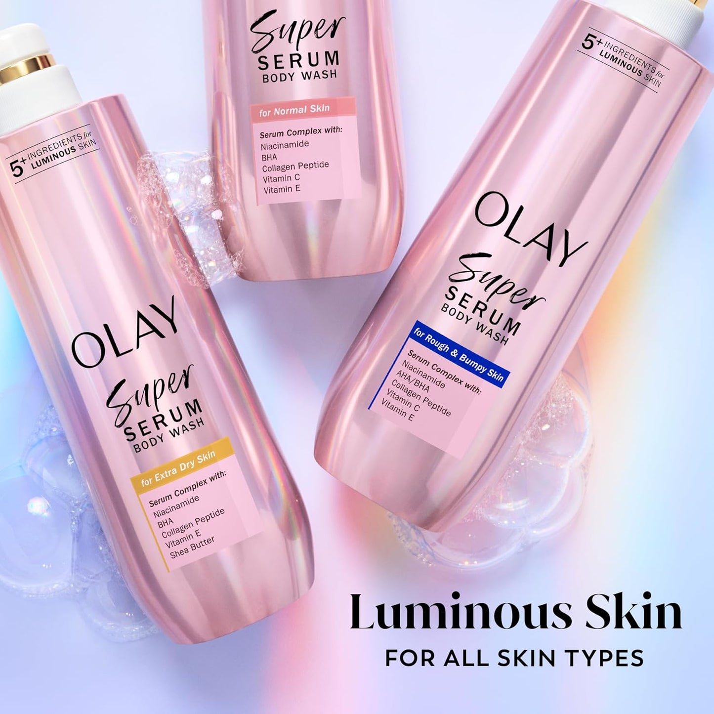Olay Super Serum body wash bottles on a light background with 'Luminous Skin' text.