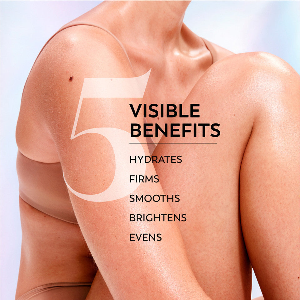 Advertisement showing a person's shoulder with text highlighting '5 Visible Benefits' of a skincare product.