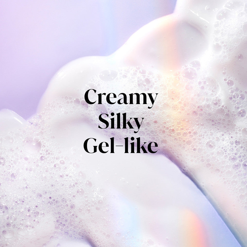 Text 'Creamy Silky Gel-like' over a close-up of a creamy, gel-like substance with a soft focus background.
