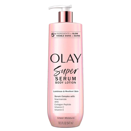 Olay Super Serum body lotion bottle on a white background