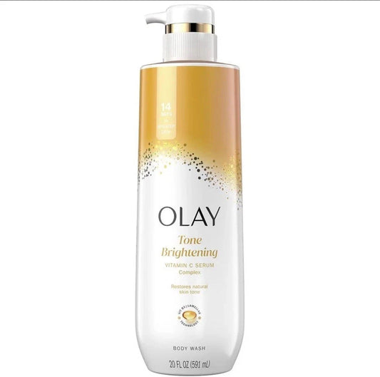 A 20 fl oz (591 mL) bottle of OLAY Vitamin C Body Wash - Tone Brightening, Vitamin C Serum Complex, with a white and gold gradient pump design.