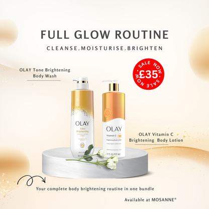 OLAY body care products with a 'Full Glow Routine' text on a light background