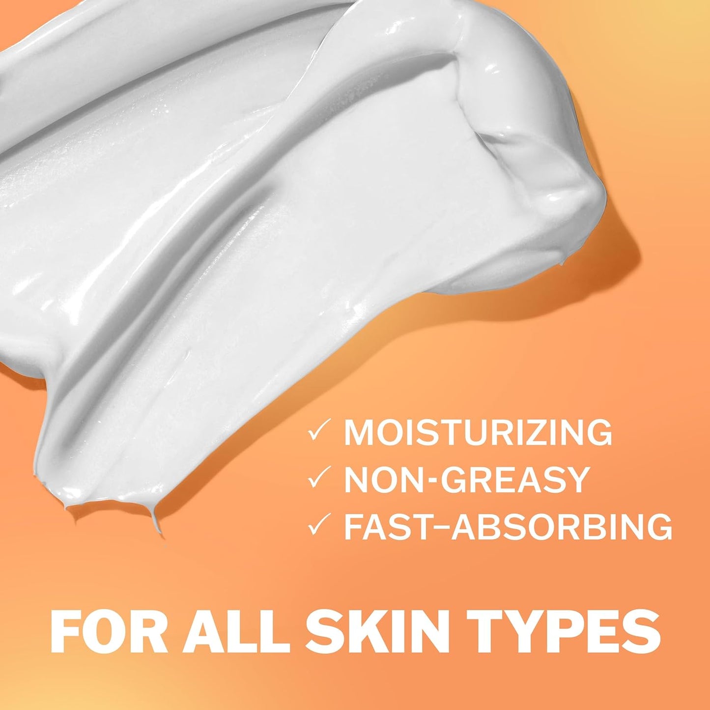 White cream smeared on orange with checkmarks and text: Moisturizing, Non-Greasy, Fast-Absorbing. Large bottom text: For All Skin Types. OLAY Vitamin C Brightening Body Lotion with Vitamin B3 Complex—deep hydration for radiant skin.