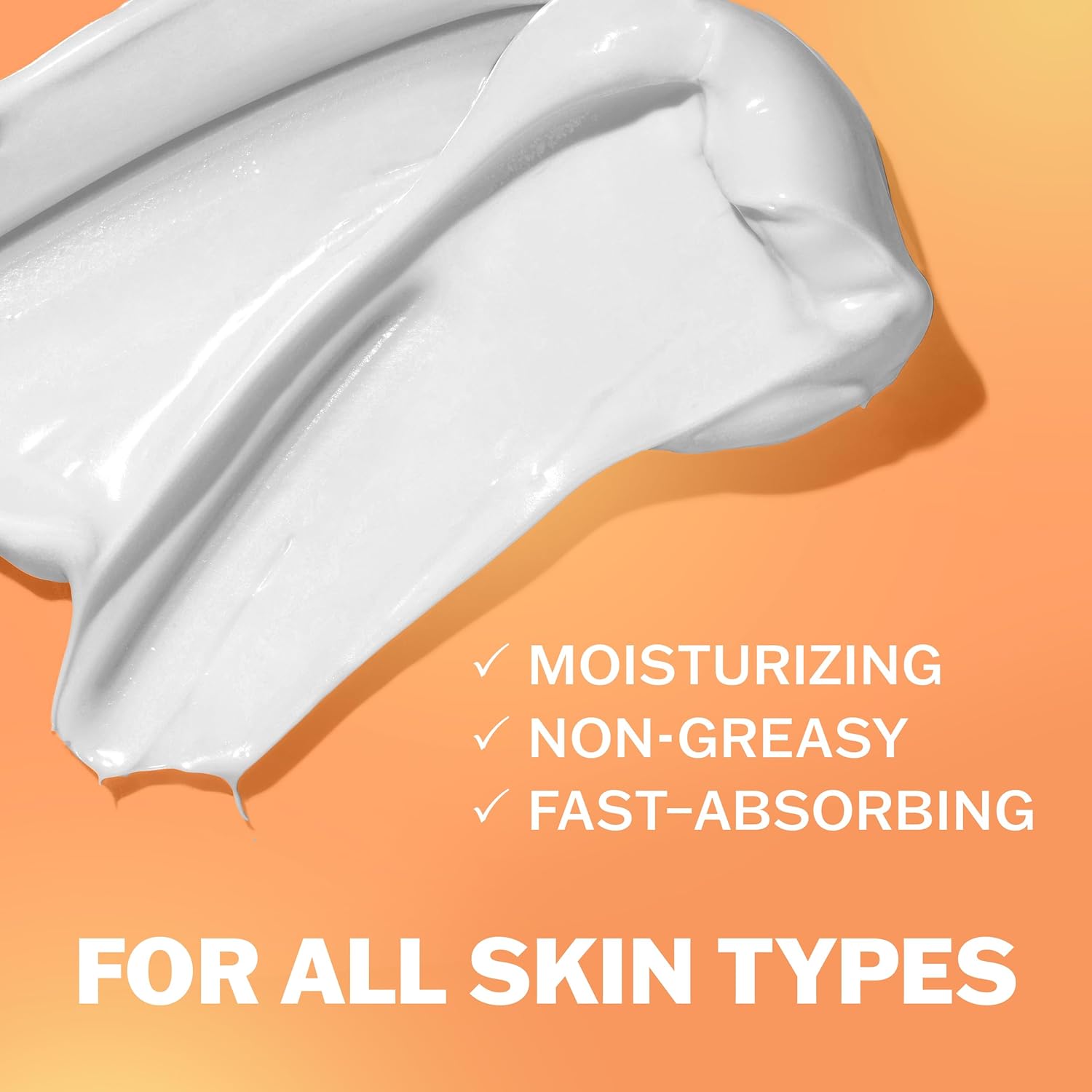 White cream smeared on orange with checkmarks and text: Moisturizing, Non-Greasy, Fast-Absorbing. Large bottom text: For All Skin Types. OLAY Vitamin C Brightening Body Lotion with Vitamin B3 Complex—deep hydration for radiant skin.