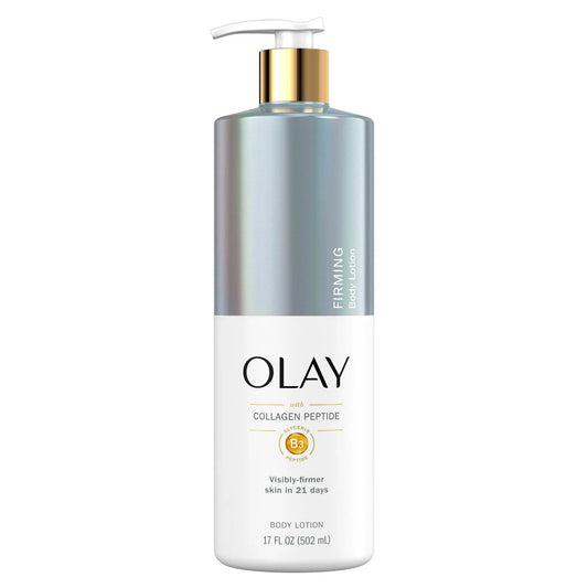 Olay Firming Body Lotion with Collagen Peptide in a 17 fl oz (502 mL) bottle. The packaging features a sleek design with a metallic gradient upper section, a white lower section, and gold accents, including a pump dispenser. The label highlights B3 peptides and claims visibly firmer skin in 21 days.