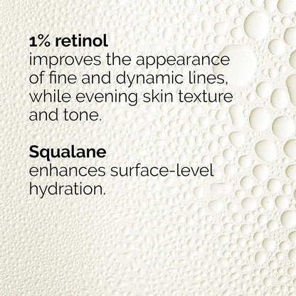 Text on a textured background reads: The Ordinary Retinol 1% In Squalane 30ml helps improve fine and dynamic lines, balances skin texture and tone, and squalane boosts surface hydration.
