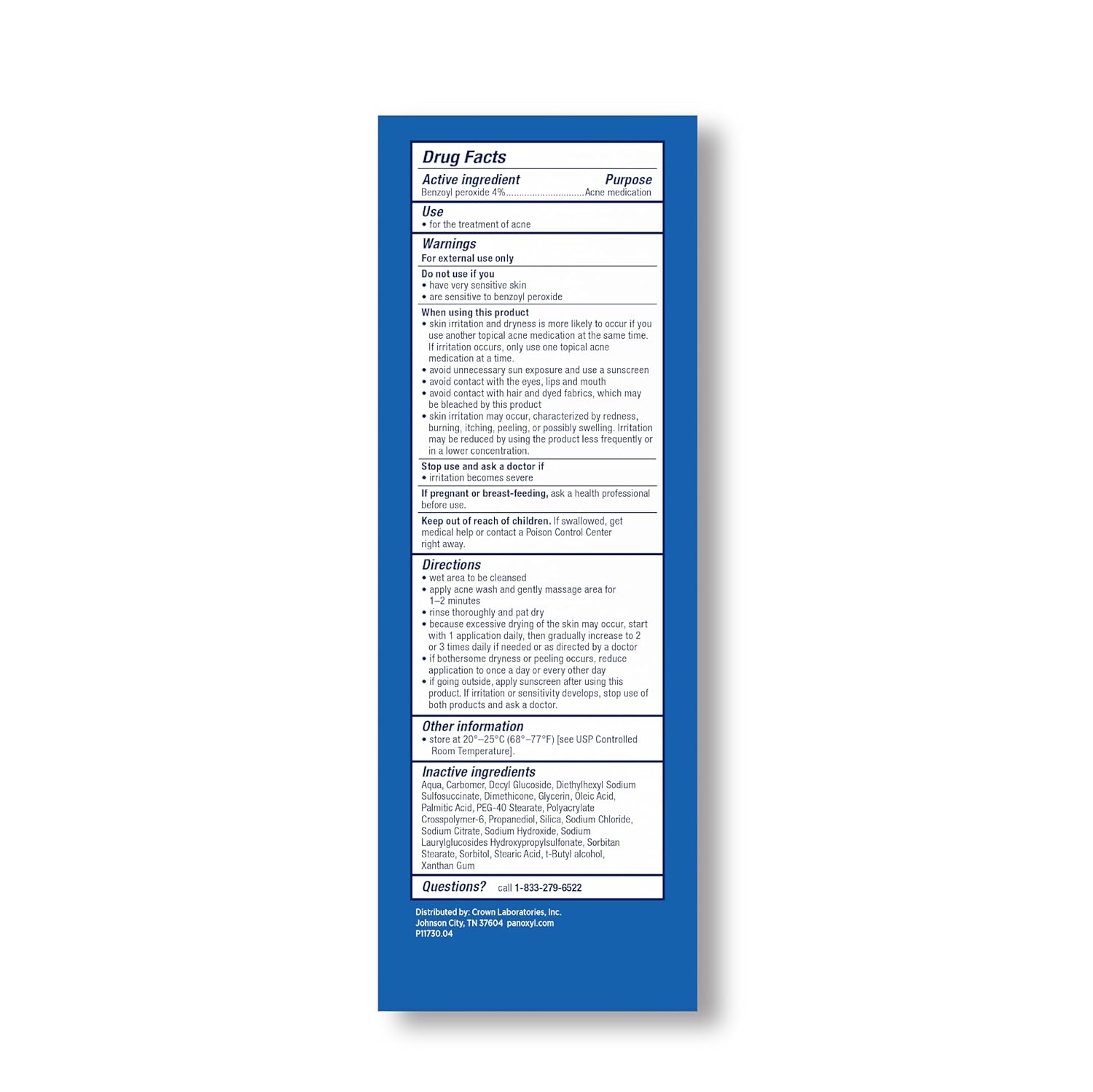 Blue and white medication label with text on a white background
