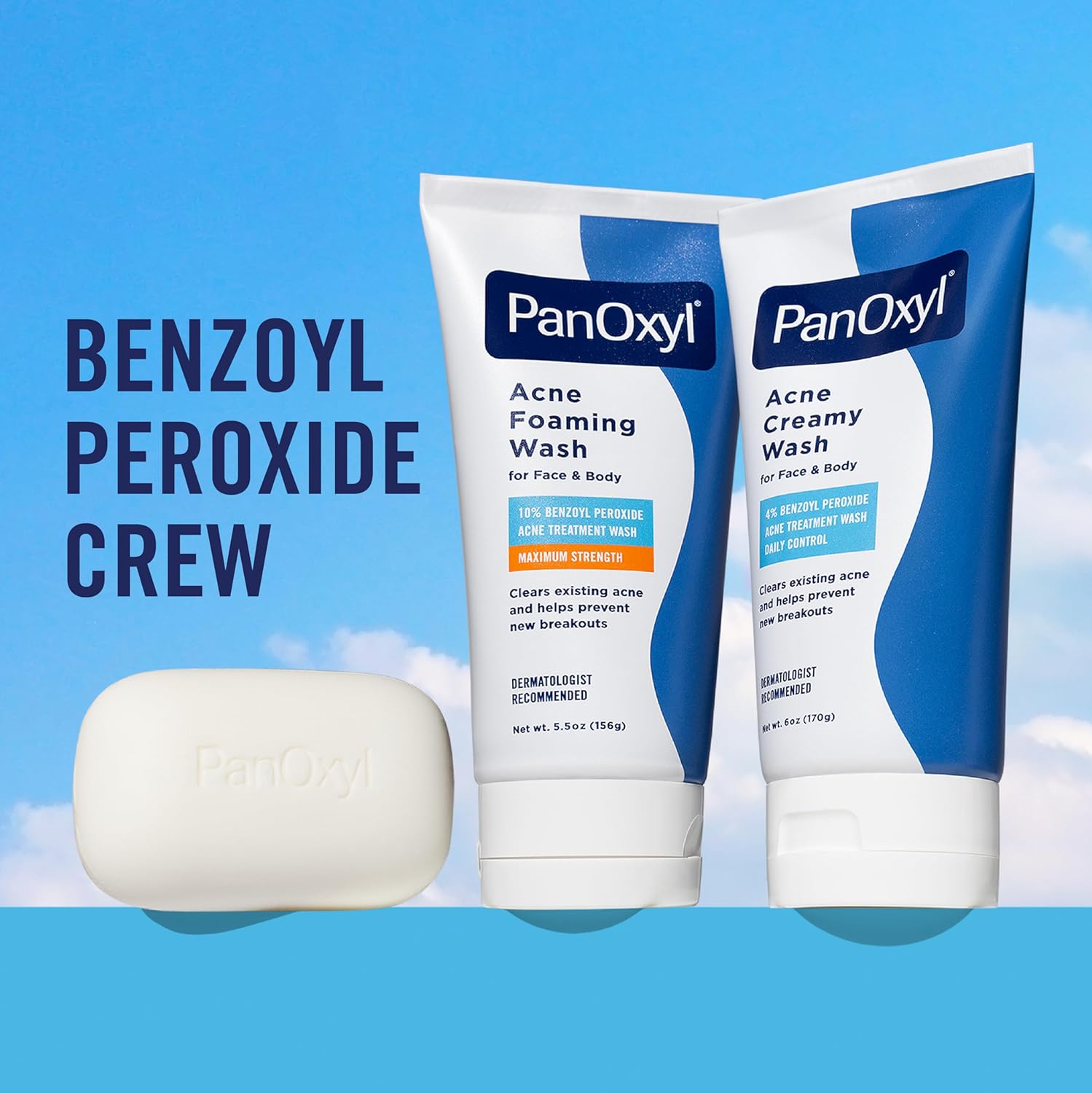 PanOxyl acne products including foam wash and cream on a blue background