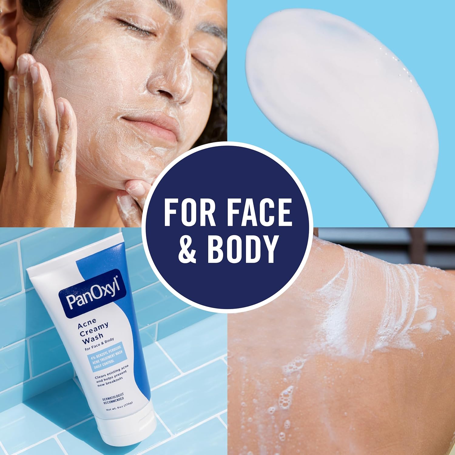 PanOxyl Acne Cream Wash packaging with usage on face and body, against a blue tiled background.