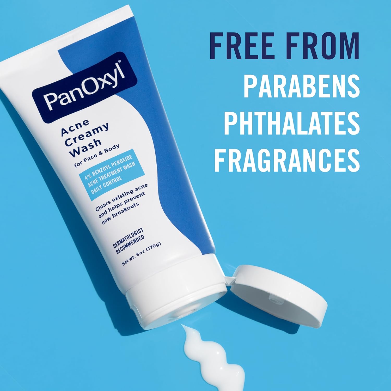 PanOxyl Acne Creamy Wash tube on a blue background with text highlighting ingredient free status.