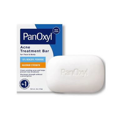 PanOxyl acne treatment bar and packaging on a white background