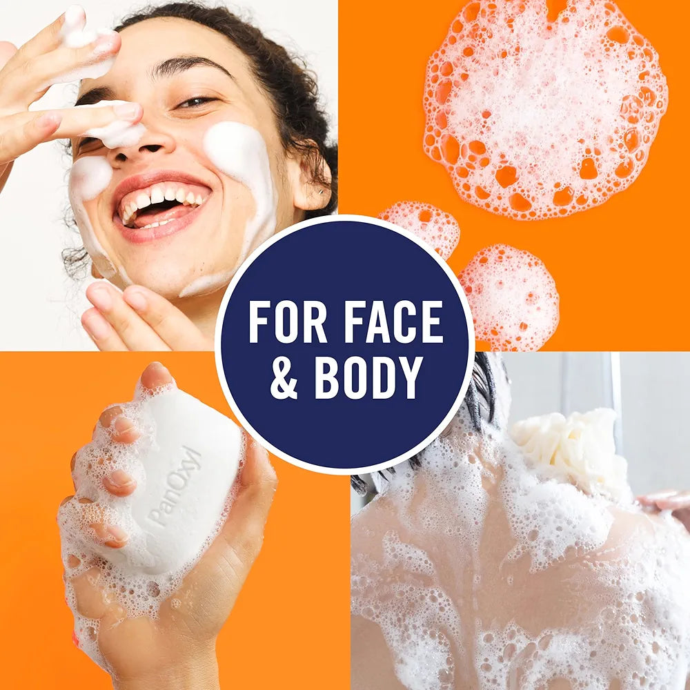 Collage of a woman applying soap to her face, close-up of soap bubbles, and a person washing with soap, all on an orange background.