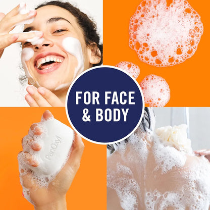 Collage of a woman applying soap to her face, close-up of soap bubbles, and a person washing with soap, all on an orange background.