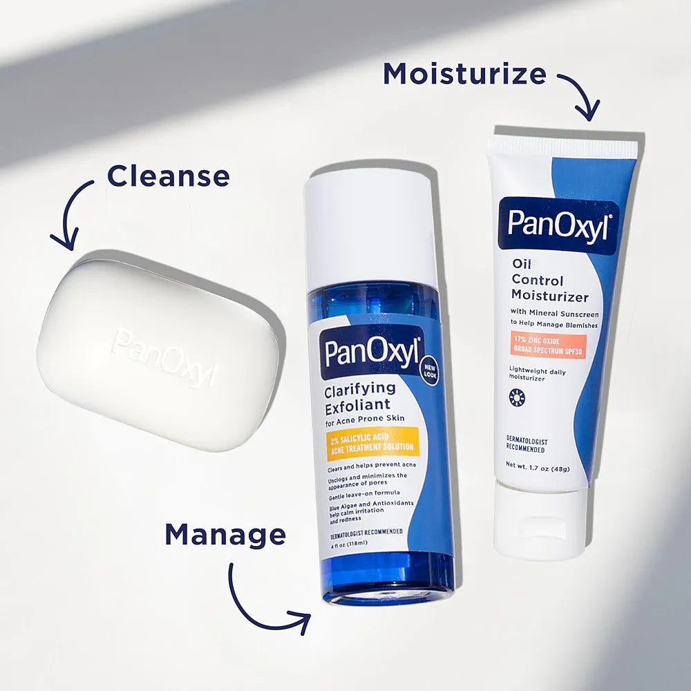 PanOxyl skincare products with labels for cleanse, moisturize, and manage on a white background