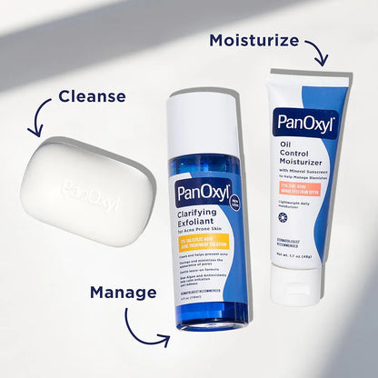 PanOxyl skincare products with labels for cleanse, moisturize, and manage on a white background