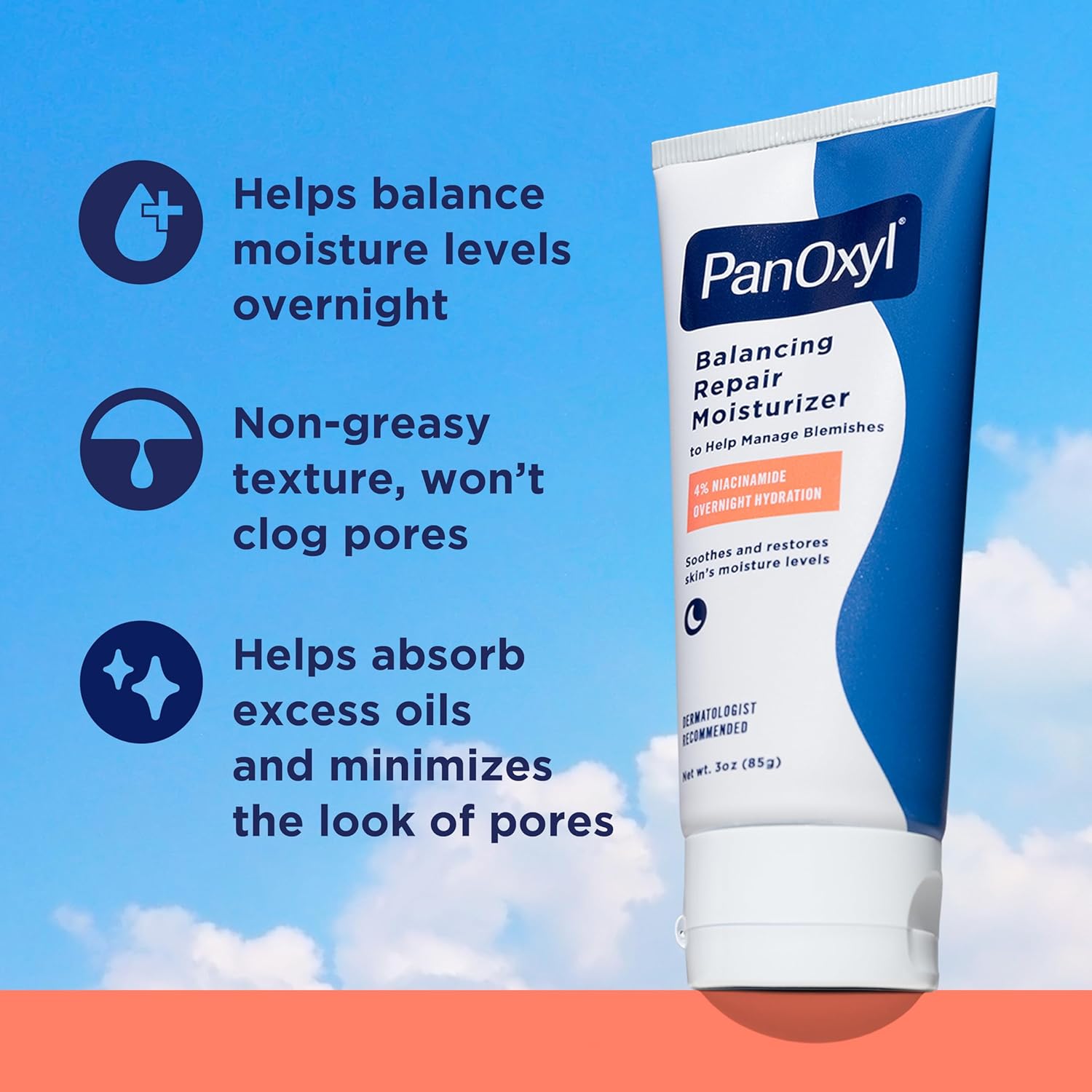 PanOxyl balancing repair moisturizer tube with features listed on a blue and orange background