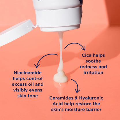 Skin care product being dispensed with text on benefits on a peach background