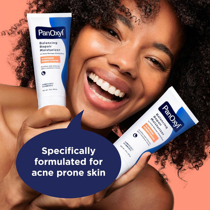 Woman holding PanOxyl moisturizer with text 'Specifically formulated for acne prone skin' on a peach background