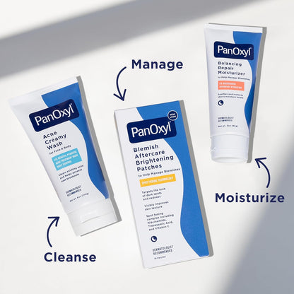 PanOxyl skincare products with labels for cleanse, manage, moisturize on a white background