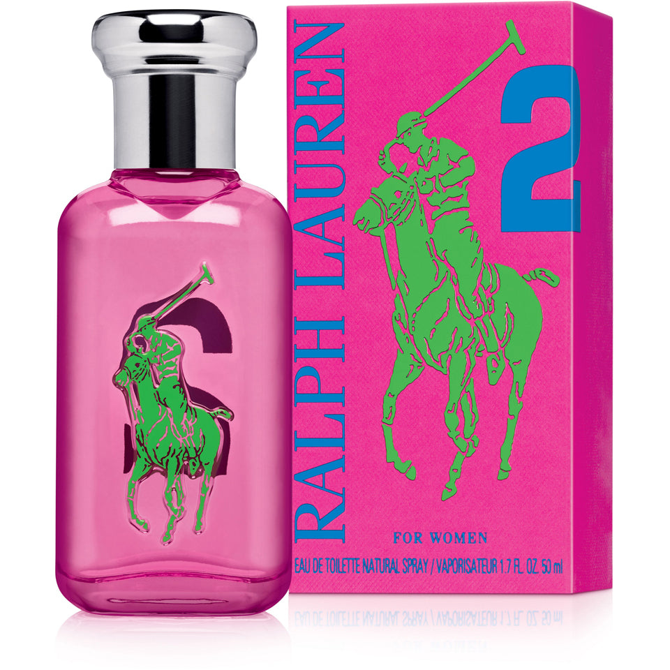 Pink Ralph Lauren perfume bottle and packaging with green horse logo on a white background