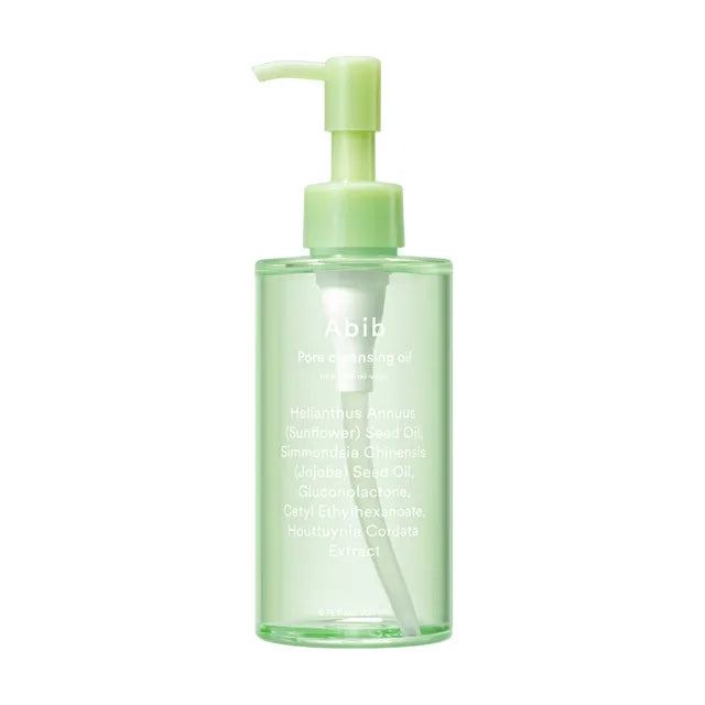 The Abib Pore Cleansing Oil Heartleaf Oil-Wash 200ml comes in a transparent bottle with a green pump, containing light yellow liquid. The label features ingredients like sunflower and jojoba seed oils, enhanced by heartleaf for deep cleansing, set against a white background.