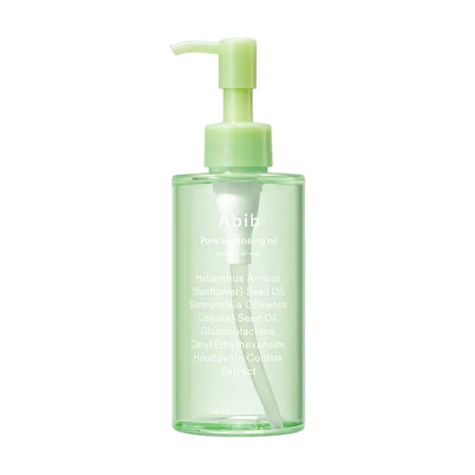 The Abib Pore Cleansing Oil Heartleaf Oil-Wash 200ml comes in a transparent bottle with a green pump, containing light yellow liquid. The label features ingredients like sunflower and jojoba seed oils, enhanced by heartleaf for deep cleansing, set against a white background.