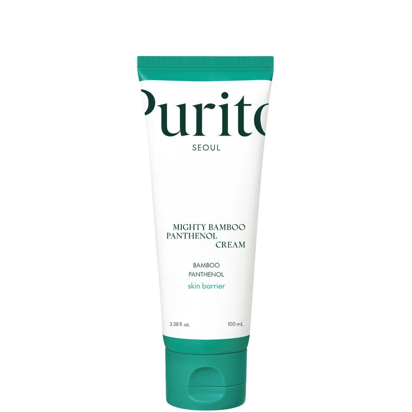 Purito Mighty Bamboo Panthenol Cream in a 100mL tube. Hydrating moisturizer with bamboo extract and panthenol to strengthen the skin barrier.
