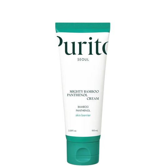 Purito Mighty Bamboo Panthenol Cream in a 100mL tube. Hydrating moisturizer with bamboo extract and panthenol to strengthen the skin barrier.