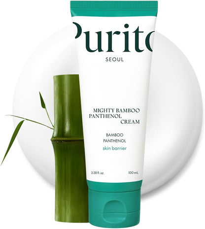 Purito Mighty Bamboo Panthenol Cream with key ingredients: Damyang Bamboo, 10% Panthenol, and Squalane for deep hydration and skin barrier repair.