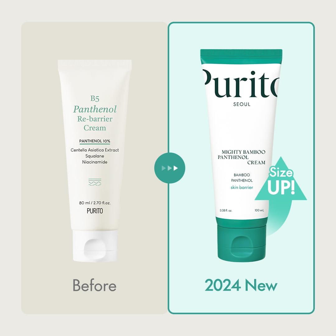 Purito Mighty Bamboo Panthenol Cream 2024 edition vs. previous B5 Panthenol Re-barrier Cream, featuring increased size and upgraded formula.