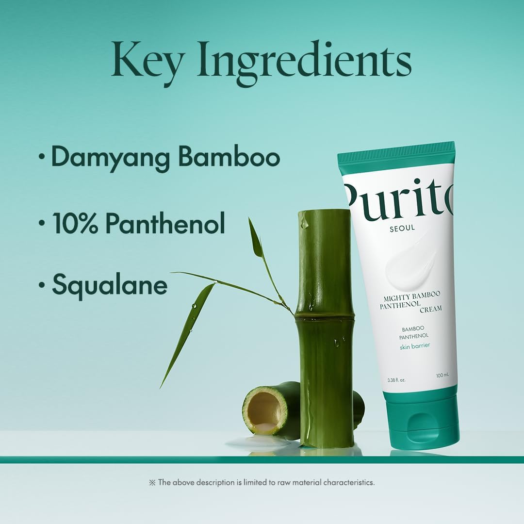 Purito Mighty Bamboo Panthenol Cream with key ingredients: Damyang Bamboo, 10% Panthenol, and Squalane for deep hydration and skin barrier repair.